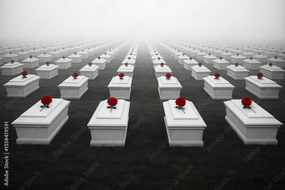 Fototapeta premium Rows of white coffins with single red roses on top in foggy cemetery, symbol of remembrance and loss