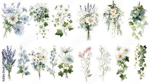 Elegant watercolor floral arrangements with wildflowers, ivy, and delicate stems. Ideal for wedding invitations, botanical prints, and decorative designs.

