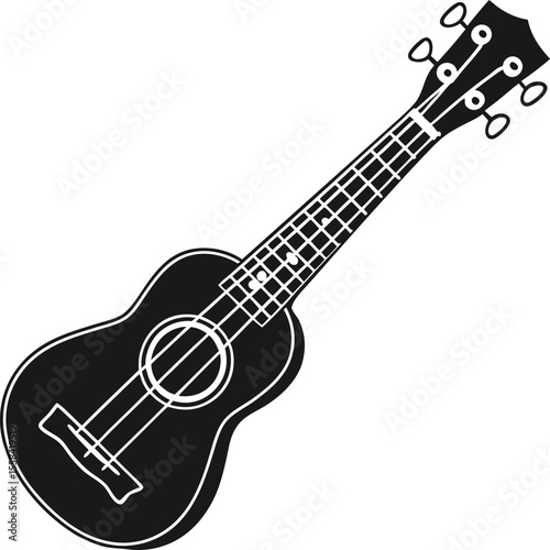 Vector art of a black ukulele isolated on white background with strings and tuning pegs