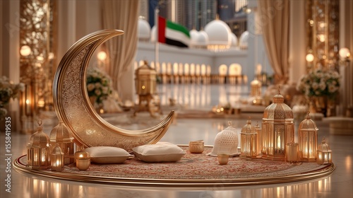 Vibrant Eid news studio with a UAE flag, golden crescent decor, festive lanterns, and a soft blurred white backdrop