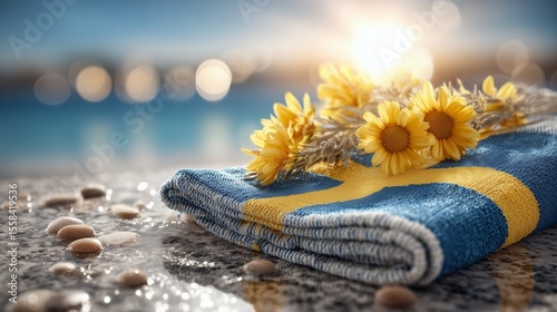 Summer solstice newsroom with a Swedish flag, sun motifs, bright colors, and a radiant white bokeh background