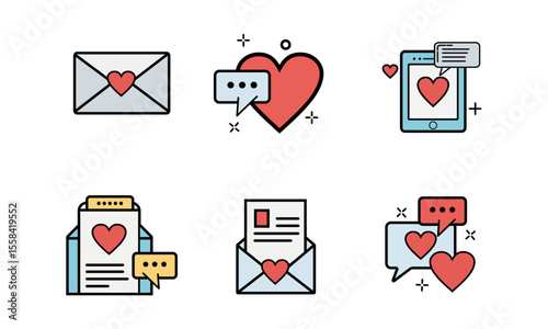 A sweet and modern vector icon set for love messages, email, and romantic chat apps. Perfect for UI design, dating platforms, and Valentine's Day content.