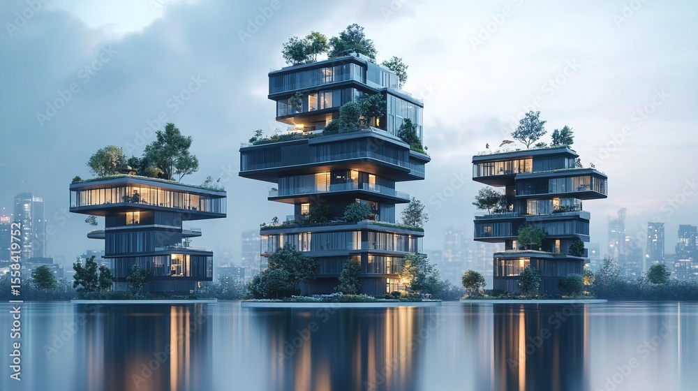 Fototapeta premium A virtual real estate portfolio visualized as futuristic floating skyscrapers