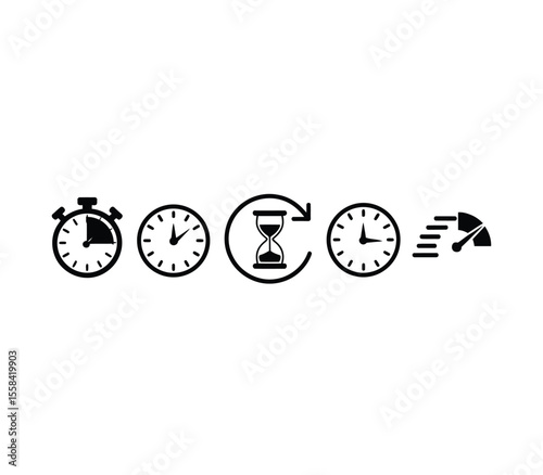 Time and clock icons set, stopwatch, timer, time management concept, progress bar loading signs, speed clock symbol, fast stopwatch line icon, watch icon