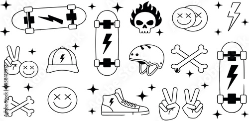 Skateboard seamless pattern. Skateboard background. Checkered seamless pattern with illustrations of skateboards, lightning, caps, and hand signs