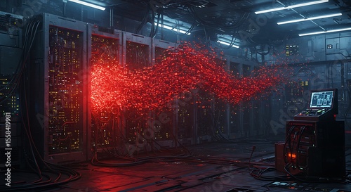 Computer Virus or Malware Spreading Through a Data Center. (AI Generated)