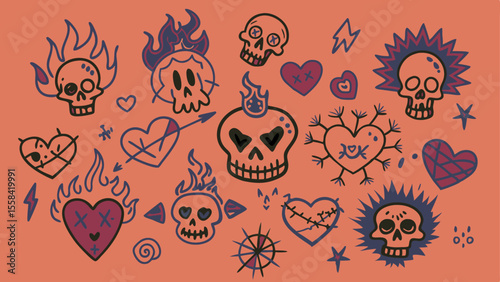 Creative Scribble Punk Marker Doodle Icons on Grunge Chalkboard