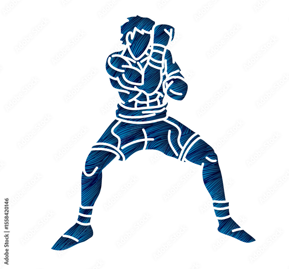 Naklejka premium Kickboxing Boxing Sport Boxer Guard Action Muay Thai Cartoon Graphic Vector