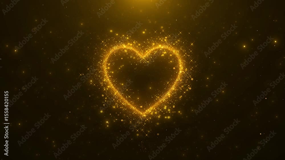 Glowing heart made of golden sparkler light on black , romantic symbol of love celebration valentines day heart frame glitter shiny stars particles love motion background, romantic social media design
