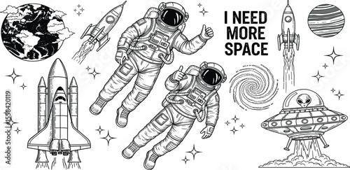 Space theme vector set with astronauts, rockets, planets, UFOs, space shuttles, and cosmic elements