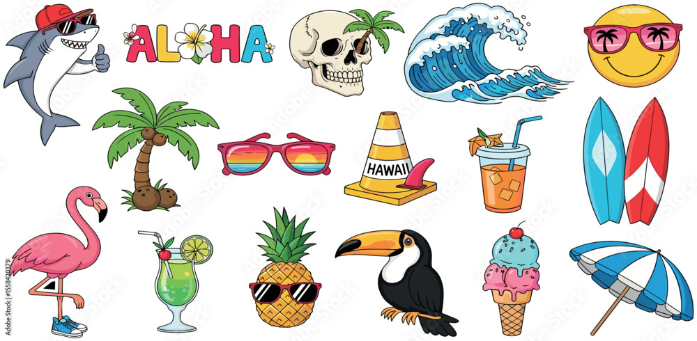 Fototapeta premium Tropical summer vector cartoon illustration set. shark, flamingo, skull, pineapple, surfboards, palm tree, and more