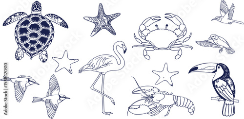 Tropical marine animal silhouette set in bold blue. Includes crab, turtle, flamingo, toucan, lobster, starfish, and birds. Perfect for beach, summer, and ocean-themed designs