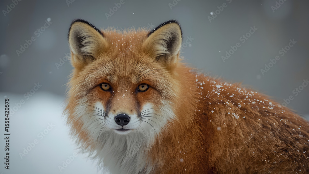 Fototapeta premium Red Fox in Snow, Winter Fox Portrait, Wild Fox in Snowy Forest