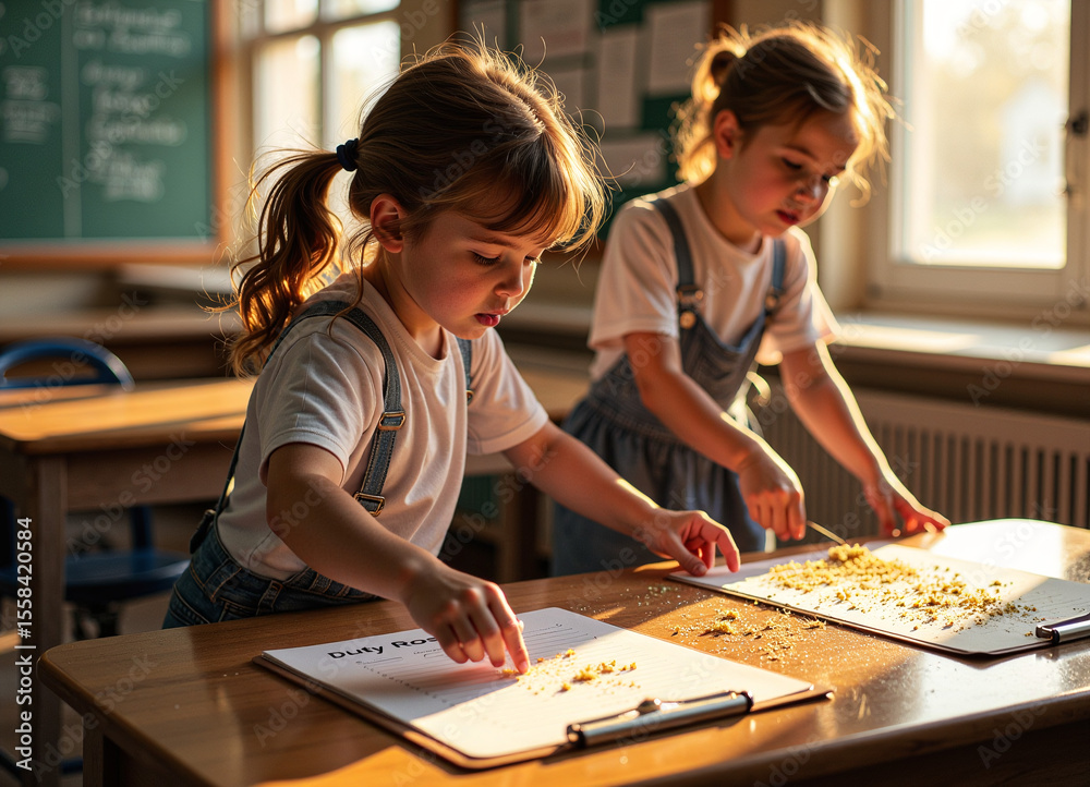 Fototapeta premium A boy solves a STEM puzzle in a bright classroom, demonstrating engagement and learning.