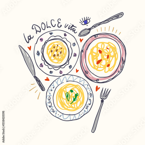 Mediterranean romantic food aesthetic cute hand drawn pasta spaghetti lettering print Italian elements, summer vacation positive vibe mood. La dolce vita doodle text inscription, perfect for cafe and