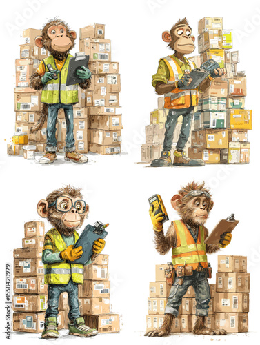 Warehouse monkeys working with packages and clipboards in reflective vests. Fun cartoon logistics workers in watercolor style, perfect for delivery or warehouse concepts.

