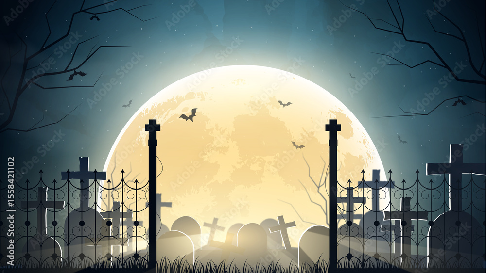 Obraz premium Spooky Cemetery at Night with Full Moon and Bats – Halloween Background