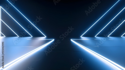 Neon Glowing Laser Futuristic Modern Retro Blue Neon Line Lights On Grunge Concrete Dark Night Stage Podium Concrete Background 3D Rendering.