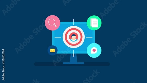 Computer screen displaying a targeting icon, representing audience targeting through SEO, social media, email, and content marketing strategies.