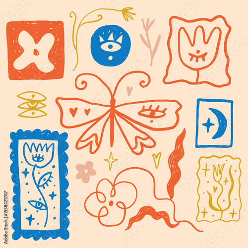 Groovy trippy style butterfly, tulip flower and more floral stamps design set. Hippie 60s 70s posters. Happy flowers with eyes romantic fantasy psychedelic background pattern elements in trendy cute