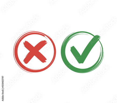 Check mark, tick and cross brush signs, green check mark OK and red X icons, symbols YES and NO button for vote, decision, election choice - vector