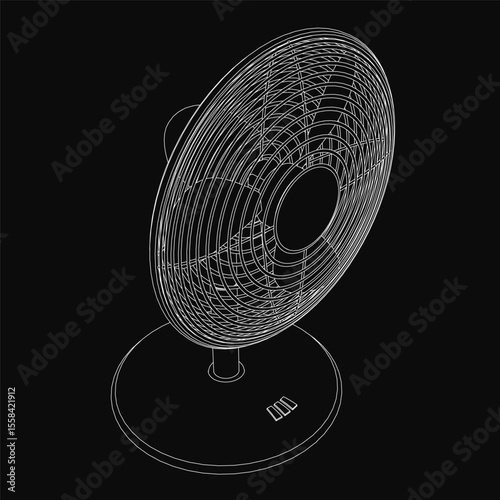 A black and white drawing of a detailed fan with intricate lines and curves, set against a dark background. The elegant design highlights cooling functionality while maintaining a minimalist.