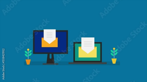 Email exchange between laptop and desktop devices, with open messages symbolizing sending and replying to emails.