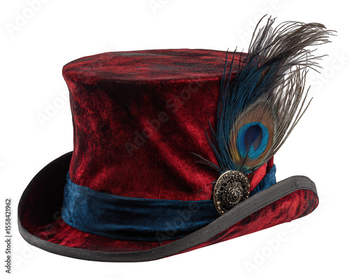 Red velvet top hat with blue ribbon, ornate metal button, and peacock feather accent, isolated on transparency background, vintage style, elegant and festive accessory
