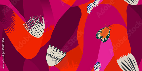 Vibrant bold flowers and bugs pattern. Dynamic hand drawn cute print. Fashionable template for design. 