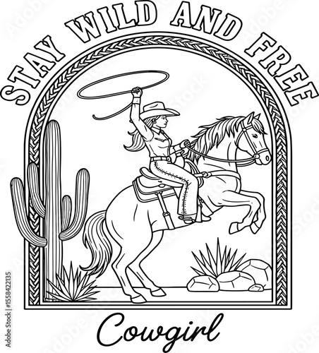 Vector T-shirt graphic with a cowgirl on a rearing horse in a desert landscape with cacti, framed by a rope border. The bold text Stay Wild and Free Cowgirl