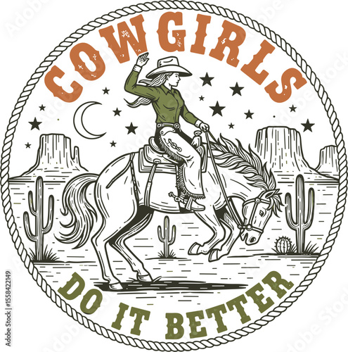 Vector t-shirt graphic showcases a cowgirl riding a horse beneath the night sky, encircled by a rope border. The bold text reads Cowgirls Do It Better, capturing a western, adventurous vibe