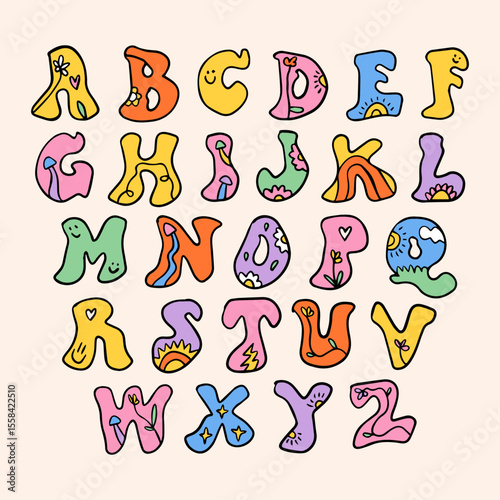 Groovy liquid positive vibe aesthetic hand-drawn bright color alphabet font with flowers and mushrooms in hippie bohemian groovy postmodern funky 1960s boho mushroomcore trendy psychedelic style