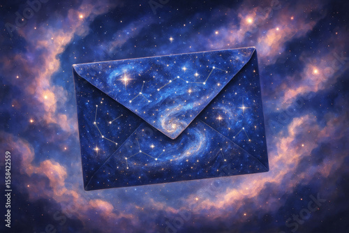 Envelope with starry galaxy texture and constellations on cosmic background, digital illustration