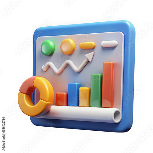 3d business analytics dashboard with charts and graphs isolated on transparent background