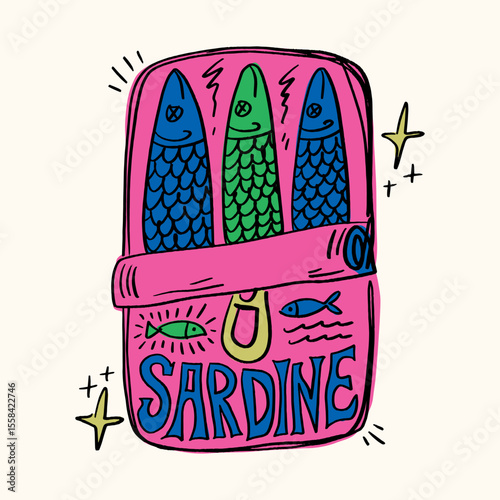 Whimsical Tinned Goods Can Of Sardines Canned Fish Food Colorful Seafood Illustration Vector Clip-art, Positive Vibe Artwork For T Shirt Print, Poster, Sticker And Other Uses
