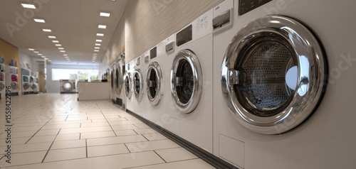 The modern laundromat featuring sleek washing machines in a bright interior.