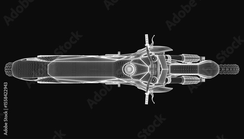 A sleek 3D model of a cross motorcycle with a detailed engine view, highlighted on a black background. The design emphasizes precision engineering, chrome accents, and dynamic angles.