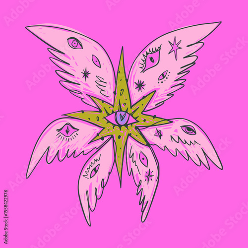 Bible cartoon pink accurate angel hand-drawn doodle psychedelic illustration with many eyes isolated clipart on white background. Perfect for tattoo or sticker or t shirt print and more. Be not afraid