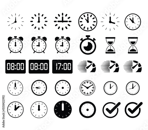 Time and clock icons set, stopwatch, timer, , time management concept, fast stopwatch line icon, watch icon, black clock sign collection, speed clock symbol - vector