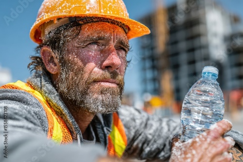Thirsty construction worker is holding a bottle of water and resting at the construction site during a break on a hot summer day