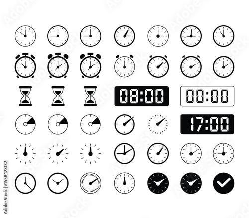 Time and clock icons set, stopwatch, timer, , time management concept, fast stopwatch line icon, watch icon, black clock sign collection, speed clock symbol - vector