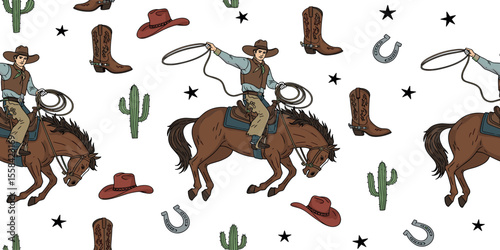 Western Themed Vector Seamless Pattern. Cactus, Cowboy Seamless Repeat Design. Boho Seamless Pattern.