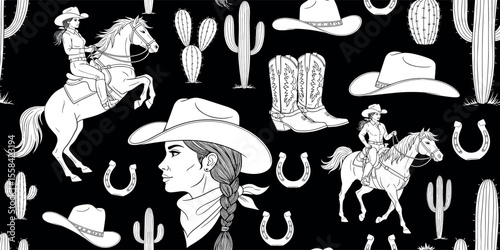 Western Themed Cowgirl Seamless Pattern. Cactus, Cowboy Seamless Repeat Design. Boho Seamless Pattern