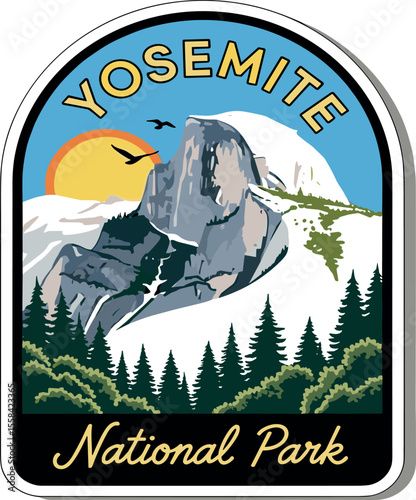 Yosemite National Park vector graphic. Half Dome, trees, and a vibrant sky. Perfect for outdoor, travel, and nature-inspired designs, t-shirts, and merchandise