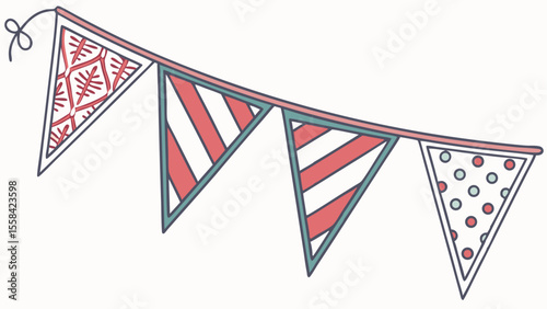 Illustration of a festive banner with triangle flags featuring different patterns and colors hanging up