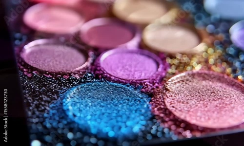 Close-up of a vibrant eyeshadow palette with shimmering glitter shades in blue, pink, purple, and gold tones, showcasing beauty and makeup artistry.
