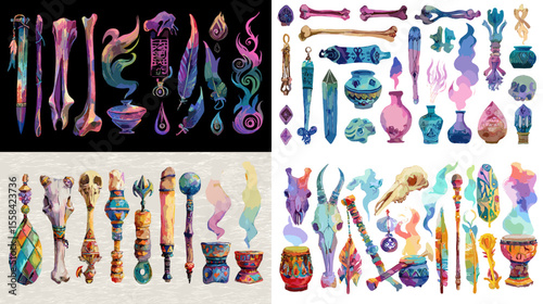 Fantasy magic item collection in vibrant watercolor style, including wands, potions, bones, and mystical artifacts. Ideal for RPG, fantasy, or magical projects.

