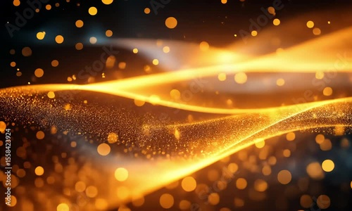 Glowing golden light streaks with sparkling particles and bokeh effects on a dark background, creating a dynamic and futuristic abstract composition.
