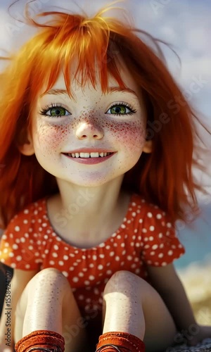 Joyful cartoon-style girl with red hair, freckles, and a toothy smile, wearing a red polka dot dress in bright lighting, evoking cheer and innocence.
