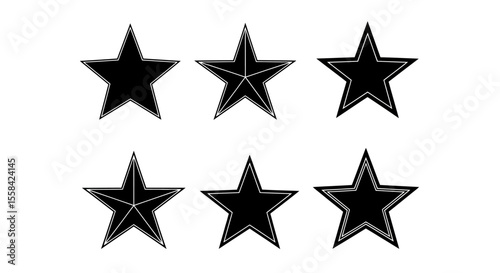 Six black and outlined stars of different styles